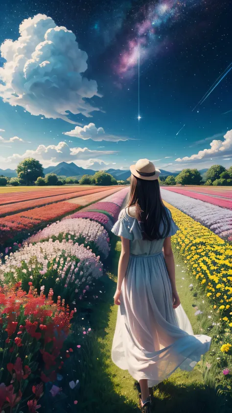 There is a girl Standing in a flower field looking up at the sky, a girl Standing in a flower field, Girl walking in a flower fi...