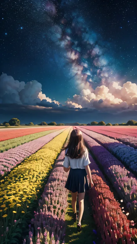 There is a girl Standing in a flower field looking up at the sky, a girl Standing in a flower field, Girl walking in a flower fi...