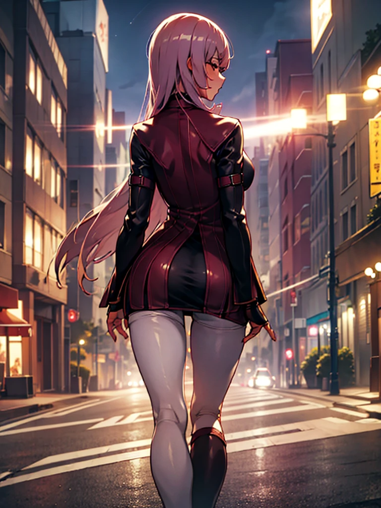 (​masterpiece、top-quality、hight resolution、Unity 8k Wallpaper、extremely details CG:1), The focus is on the back of the prostitute leading the way through the nighttime entertainment district, and her figure is the star of the show. She walks confidently forward, not looking back. The camera is from the perspective of a man walking behind her. A sexually attractive and seductive back view. nsfw, The clothes of a prostitute.