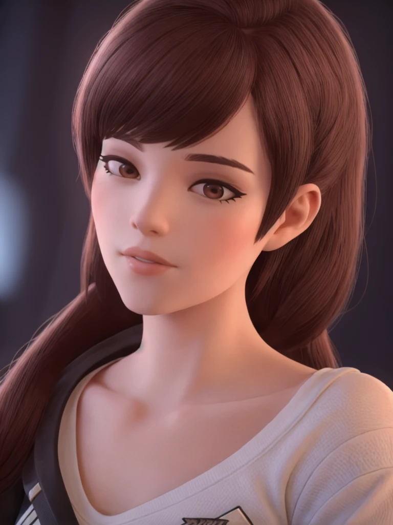 DVA de Overwatch sin mech, una hermosa mujer con cabello castaño corto en una cola de caballo, vasos redondos muy grandes, alta calidad refelctions, reflexiones sobre gafas, iluminación volumétrica, vistiendo una camiseta blanca lisa, en su dormitorio en su cama, 1 girl solo, cinematográfico lighting, Alta resolución, renderizado basado físicamente, extremadamente detallado, 8K, iluminación volumétrica, Híper realista, rasgos faciales detallados, obra maestra, detalles intrincados, Parte superior del cuerpo, NSFW, gaming setup in background, alta calidad, cinematográfico