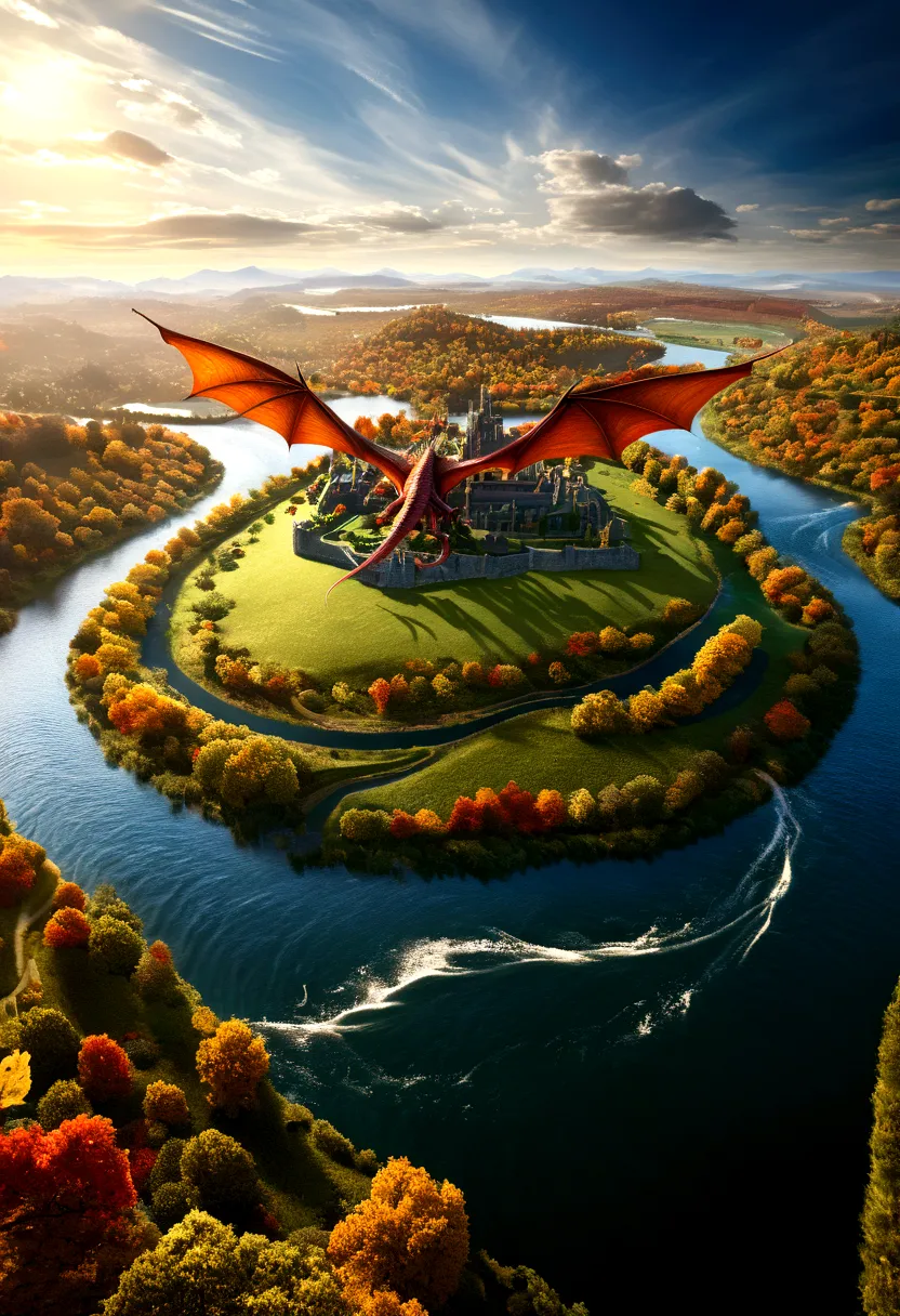 ((picture taken  from the back of dragon: 1.5)), arafed, a picture of a dragon flying above a river, its shadow is cast on the w...