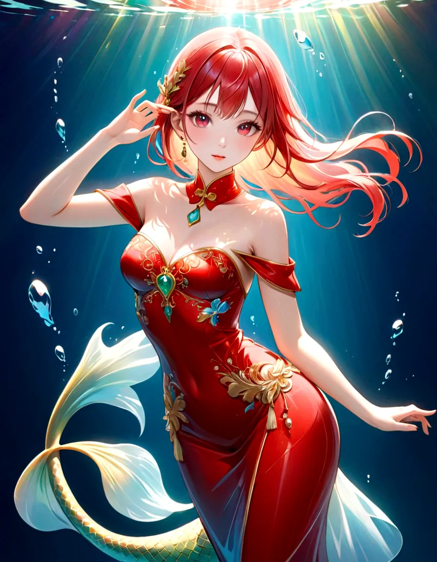 Ink portrait,Anime Girl,Beautiful Mermaid,Human fishtail，Noble and beautiful,HD picture,Three-dimensional ancient style,photogra...