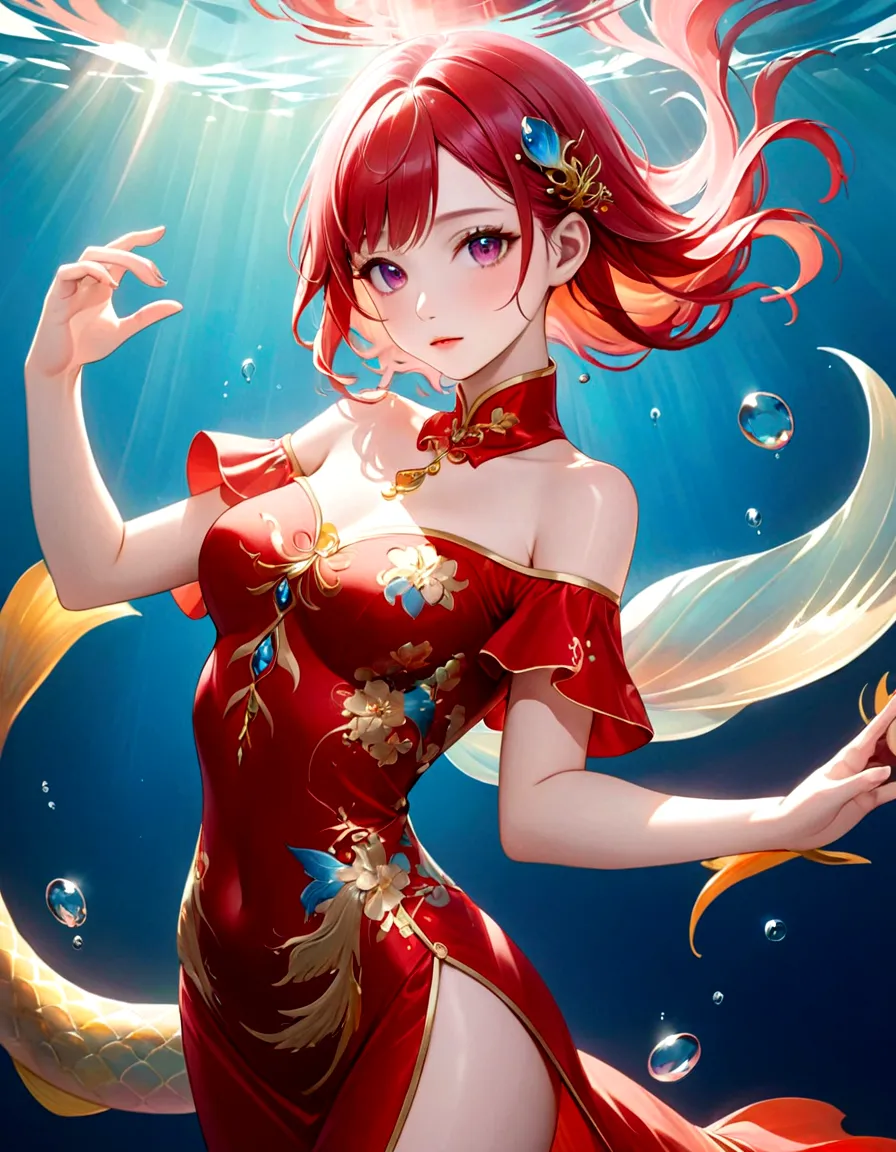 Ink portrait,Anime Girl,Beautiful Mermaid,Human fishtail，Noble and beautiful,HD picture,Three-dimensional ancient style,photogra...