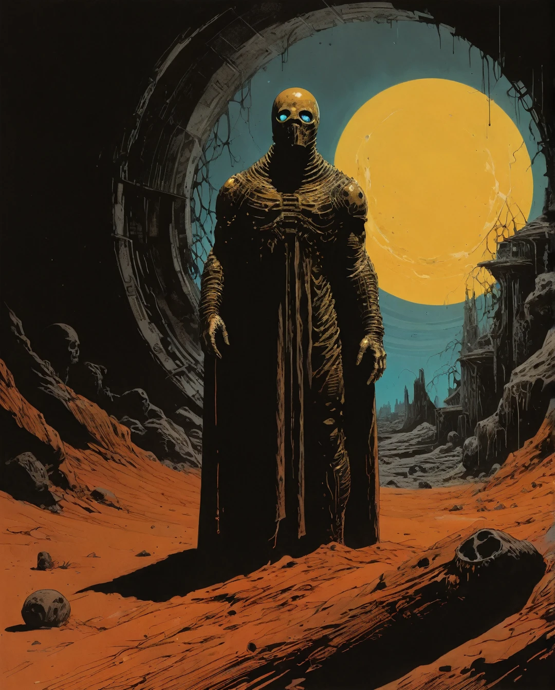 Epic, Stunning, Illustration, full shot, DUNE, contemplative, standing tall, wearing stillsuit, vast desert, sand dunes, setting sun, clear blue sky, two tone lighting, dynamic lighting, soft glow, orange and yellow hues, traditional Middle Eastern, gouache, ink, intricately detailed, high-resolution, authentic, prestigious, Frank Herbert, Brian Herbert, Kevin J. Anderson, Jim Lee, Jae Lee, Frank Frazetta, H.R. Giger., maximalist art, by Moebius and Hariton Pushwagner, (ambient occlusion, masterful, beautiful), poster art, bold lines, hyper detailed, expressive, award winning, (landscape:1.4), (intricate details, masterpiece, best quality:1.4), looking at viewer, dynamic pose, wide angle view, in the style of nicola samori , futuristic style, sleek, ultra modern, high tech, ornate by Moebius and by Marc Simonetti, clean lines, geometric shapes, Minimalist color scheme of red and cyan
mkitdecy, rust, cracks brutalism, style by Tom Jung and Drew Struzan and Tim and Greg Hildebrandt, ((style by artgerm and Greg Manchess and Ilya Kuvshinov))