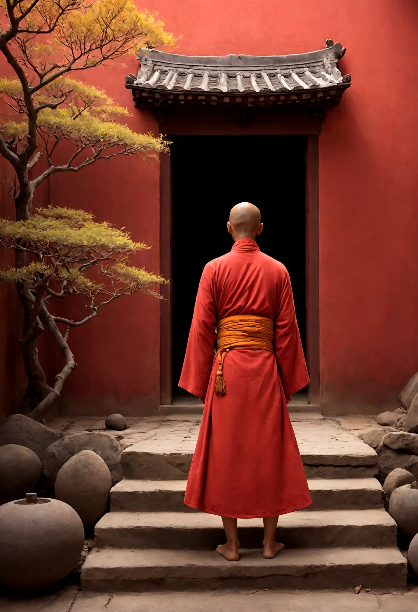 The red wall behind is like a raging fire，Monk&#39;s robes look like morning glow，Zen mind is like flying white clouds。
