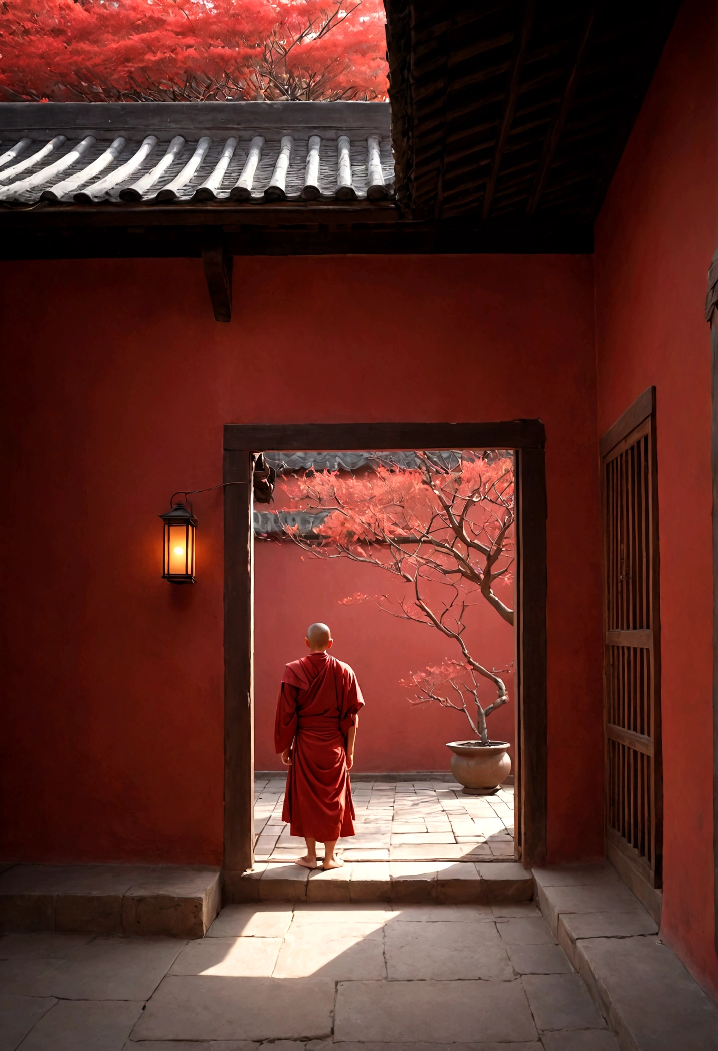 The red wall behind is like a raging fire，Monk&#39;s robes look like morning glow，Zen mind is like flying white clouds。
