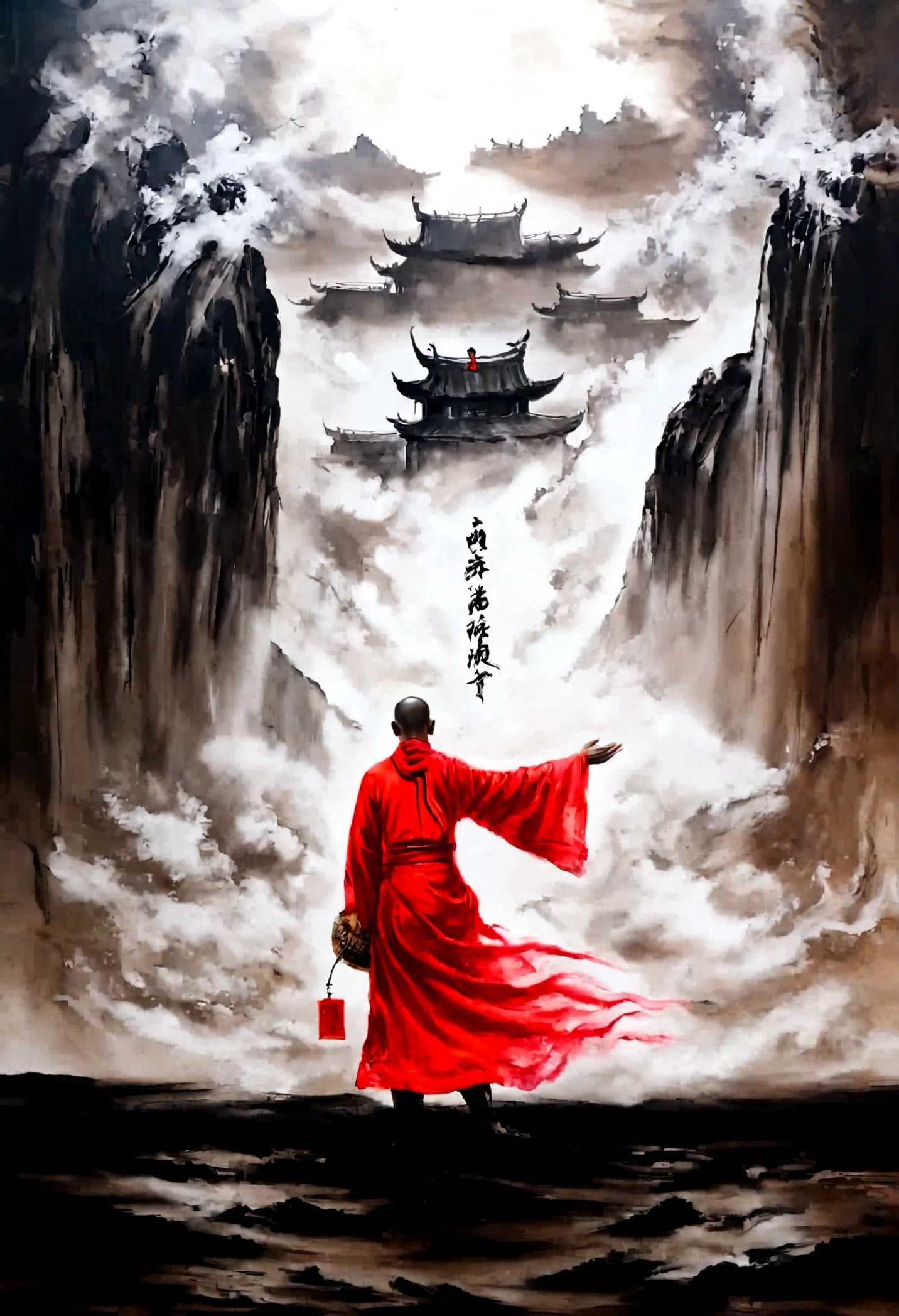 The red wall behind is like a raging fire，Monk&#39;s robes look like morning glow，Zen mind is like flying white clouds。