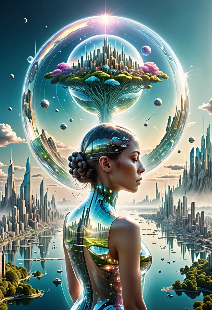 Figura transparente de volta，Imagem visionária de um futuro mundo utópico，（Exposição múltipla：1.8），Ilustração complexa em estilo de arte surreal，paisagem de sonho surreal，Futuro sonho mundial utópico