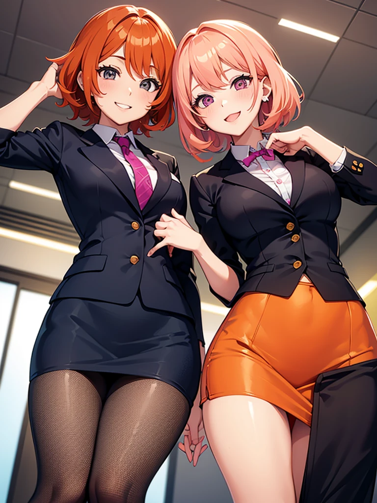 two sexy bubbly and cheerful women in office outfits, short, vibrant orange hair with highlights of pink, flirtatious smile, looking at camera, view from below