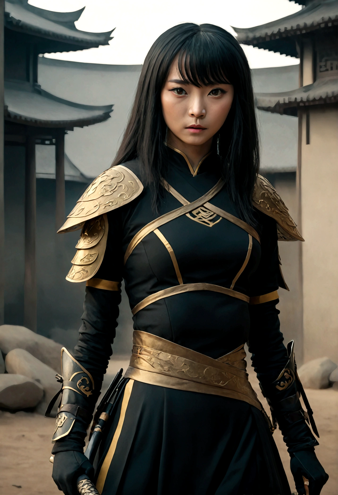 Beautiful Chinese woman in black and gold outfit, holds a sword, Zhilei Xin as the main character, full body cinematic shot, "modern superhero costume", Ninja, with a katana, Chinese woman with bangs, courageous character, Kind, Brave, on the battlefield, DC вселенная