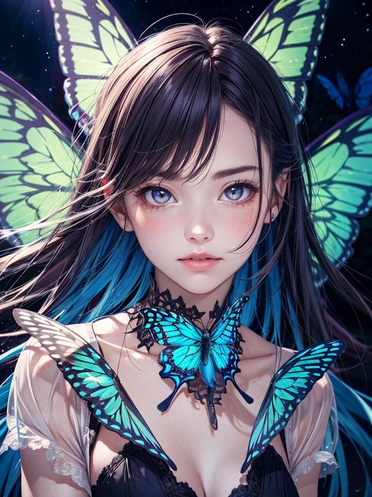 unparalleled masterpiece, ultra realistic 8k CG,masterpiece,pov,(delicate photograph,ultra_detailed,16k,raw photo:1.3),(realistic:1.9,photorealistic:1.9), beautiful detailed eyes,(((1 girl,solo,full body))), 12 years old,blue butterfly, glowing wings, masterpiece, best quality, ultra detailed, flower field, butterfly, windy, night, starry sky, butterfly wings,,butterfly wings,