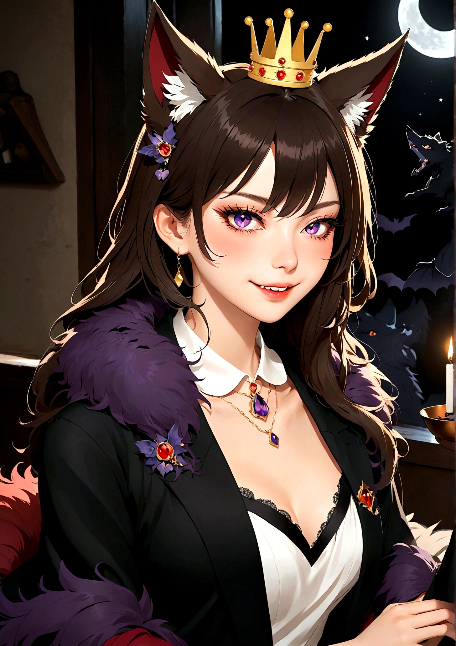 Vector，flat，Simple and smooth lines，A beautiful illustration：Big Bad Wolf:1.37.frying pan:1.37 Beautiful girl sitting elegantly，(((She has a beauty spot:1.37)))，Purple Eyes，Delicate lashes，Smile，Smooth skin，Long black hair，Wolf ears， Small Crown，Red fur collar brooch on suit，温顺的Big Bad Wolf。Correct human anatomy，moonlight，bat