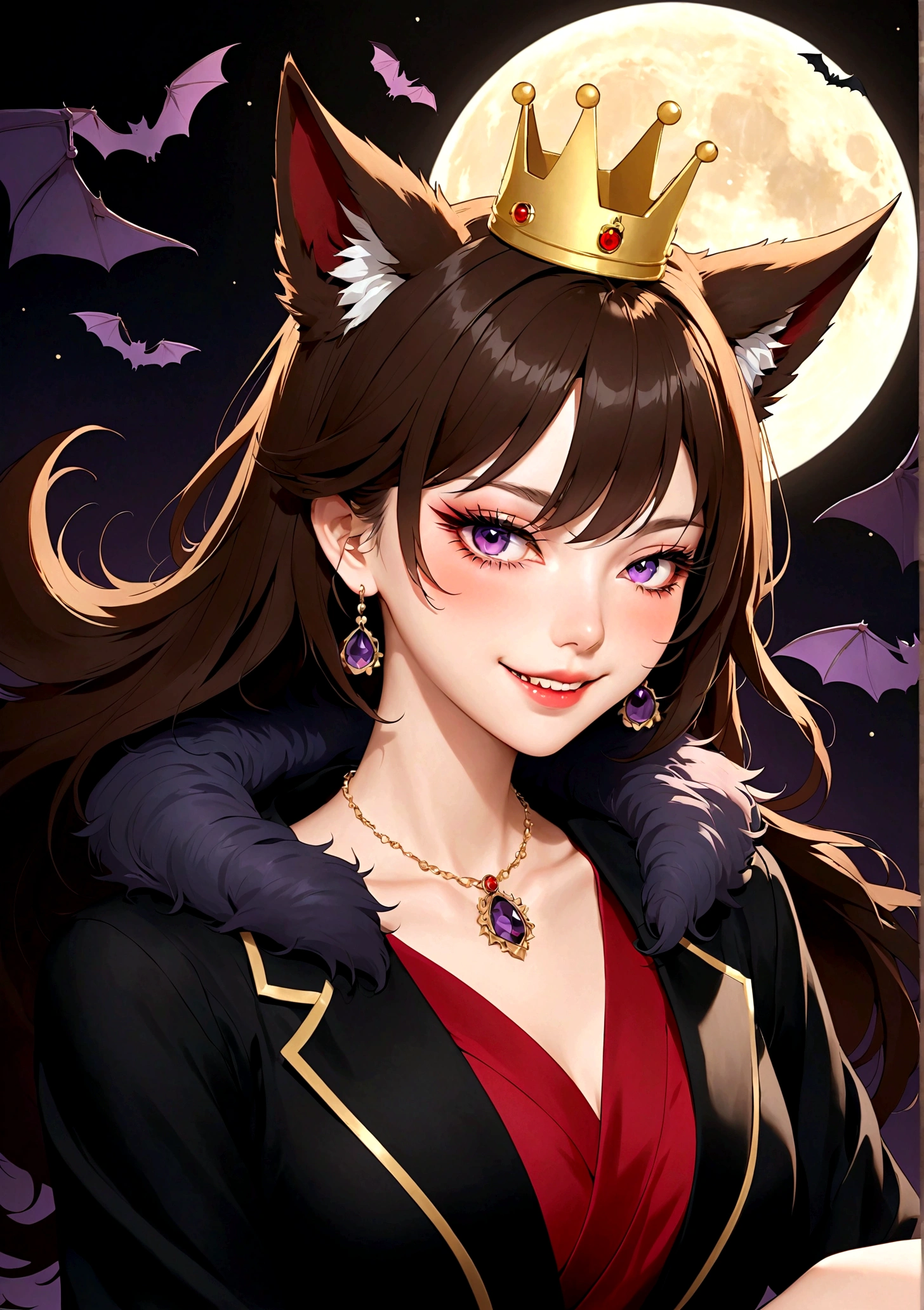 Vector，flat，Simple and smooth lines，A beautiful illustration：Big Bad Wolf:1.37.frying pan:1.37 Beautiful girl sitting elegantly，(((She has a beauty spot:1.37)))，Purple Eyes，Delicate lashes，Smile，Smooth skin，Long black hair，Wolf ears， Small Crown，Red fur collar brooch on suit，温顺的Big Bad Wolf。Correct human anatomy，moonlight，bat