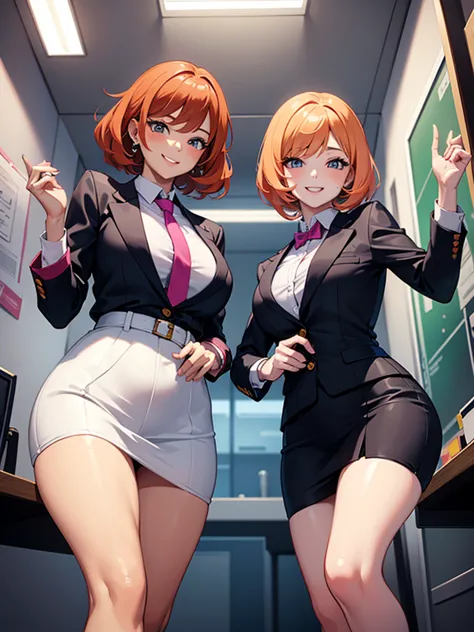 two sexy bubbly and cheerful women in office outfits, short, vibrant orange hair with highlights of pink, flirtatious smile, loo...