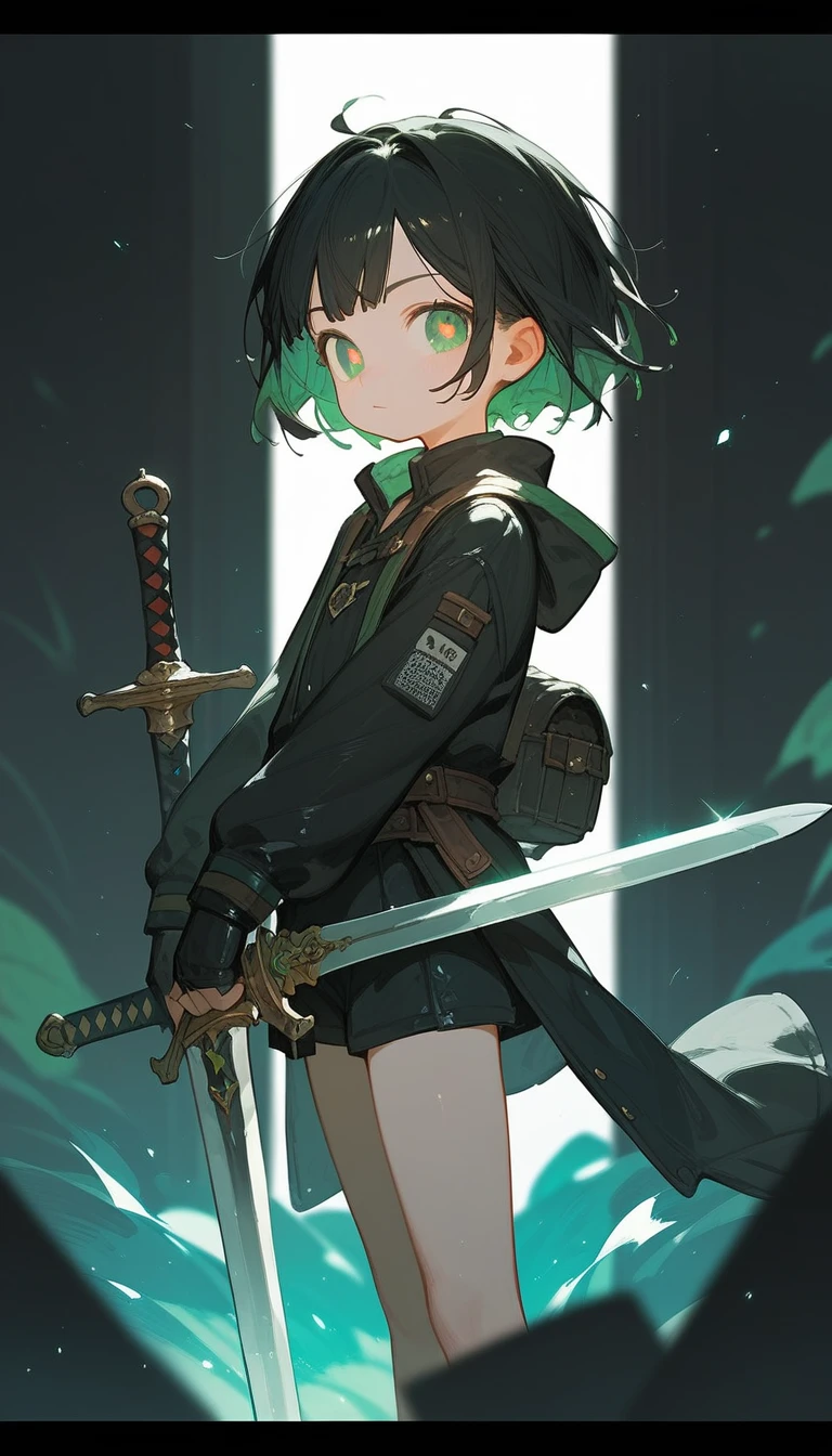 черные короткие волосы，，зеленые зрачки，прохладный，меч，Стоящая картина