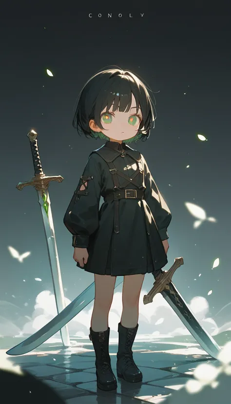 Black short hair，Loli，Green pupils，cool，Sword，Standing picture