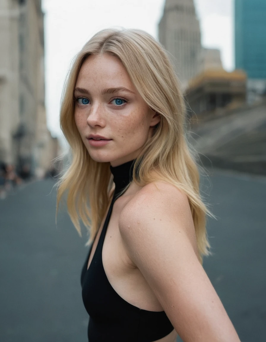 (Skin Texture, pores, natural,iPhone,RAW)), (blonde hair: 1.3) natural lighting,Highest Quality full body photo of a stunning woman blue eyes, freckles ,black thin choker, black top, cleavage, Nikon Z9, realistic matte skin,  blurry city in the background, 8K, symmetric,  Negative prompt: ugly, deformed, airbrushed, photoshop, rendered, (multiple people), blurry, cleavage, red lipstick, 
Steps: 30, Size: 1024x1024, Seed: 359619618, Model: juggernautXL_v7Rundiffusion, Version: v1.7.0, Sampler: DPM++ 2S a Karras, CFG scale: 5.5, Model hash: 0724518c6b, "krfroseth_xl_1_standard_merger_14_90_02_08: 5b5439b0311c"