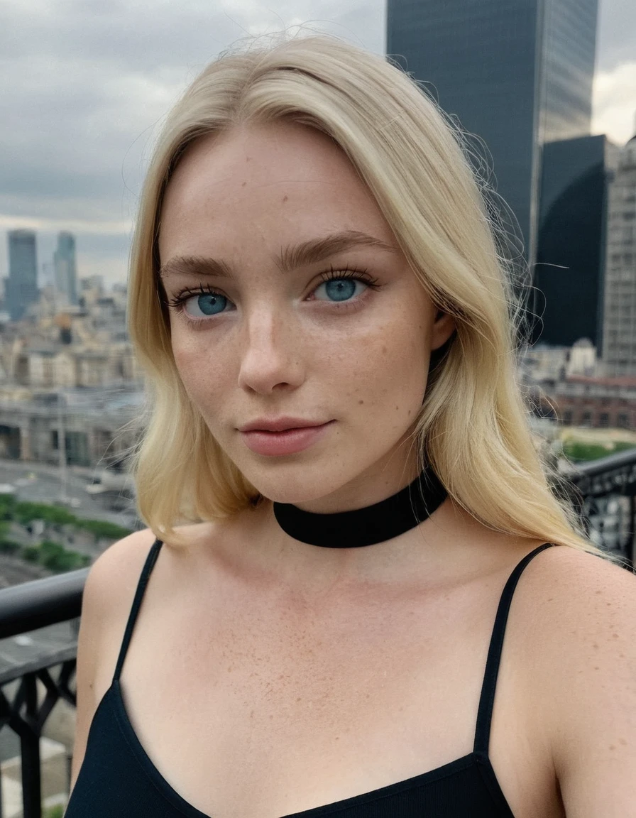 (Skin Texture, pores, natural,iPhone,RAW)), (blonde hair: 1.3) natural lighting,Highest Quality full body photo of a stunning woman blue eyes, freckles ,black thin choker, black top, cleavage, Nikon Z9, realistic matte skin,  blurry city in the background, 8K, symmetric,  Negative prompt: ugly, deformed, airbrushed, photoshop, rendered, (multiple people), blurry, cleavage, red lipstick, 
Steps: 30, Size: 1024x1024, Seed: 359619618, Model: juggernautXL_v7Rundiffusion, Version: v1.7.0, Sampler: DPM++ 2S a Karras, CFG scale: 5.5, Model hash: 0724518c6b, "krfroseth_xl_1_standard_merger_14_90_02_08: 5b5439b0311c"