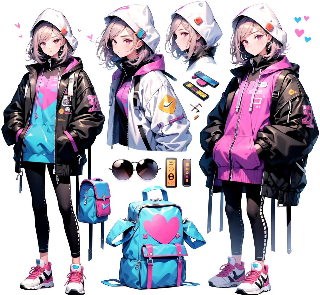 1girl,jacket,bag,ponytail,blonde hair,yellow eyes,backpack,skirt,white background,shoes,looking at viewer,star \(symbol\),long sleeves,hood,multiple views,simple background,shirt,pants,footwear,heart,nike sneakers,full body,belt,patreon logo,sense of design,smartphone,Put hands in pockets,fashion,
masterpiece,high quality,highres,