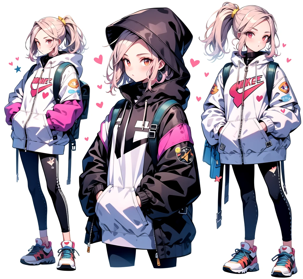 1girl,jacket,bag,ponytail,blonde hair,yellow eyes,backpack,skirt,white background,shoes,looking at viewer,star \(symbol\),long sleeves,hood,multiple views,simple background,shirt,pants,footwear,heart,nike sneakers,full body,belt,patreon logo,sense of design,smartphone,Put hands in pockets,fashion,
masterpiece,high quality,highres,