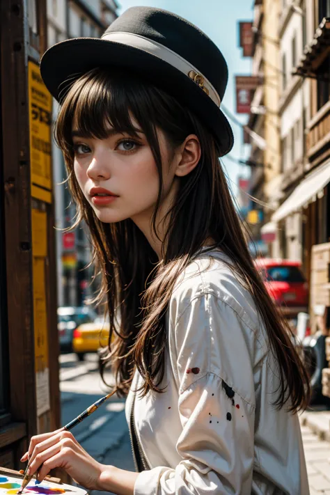 a striking, artistic photo of a young female artist with a bold expression. she wears a black fedora and a paint-splattered whit...