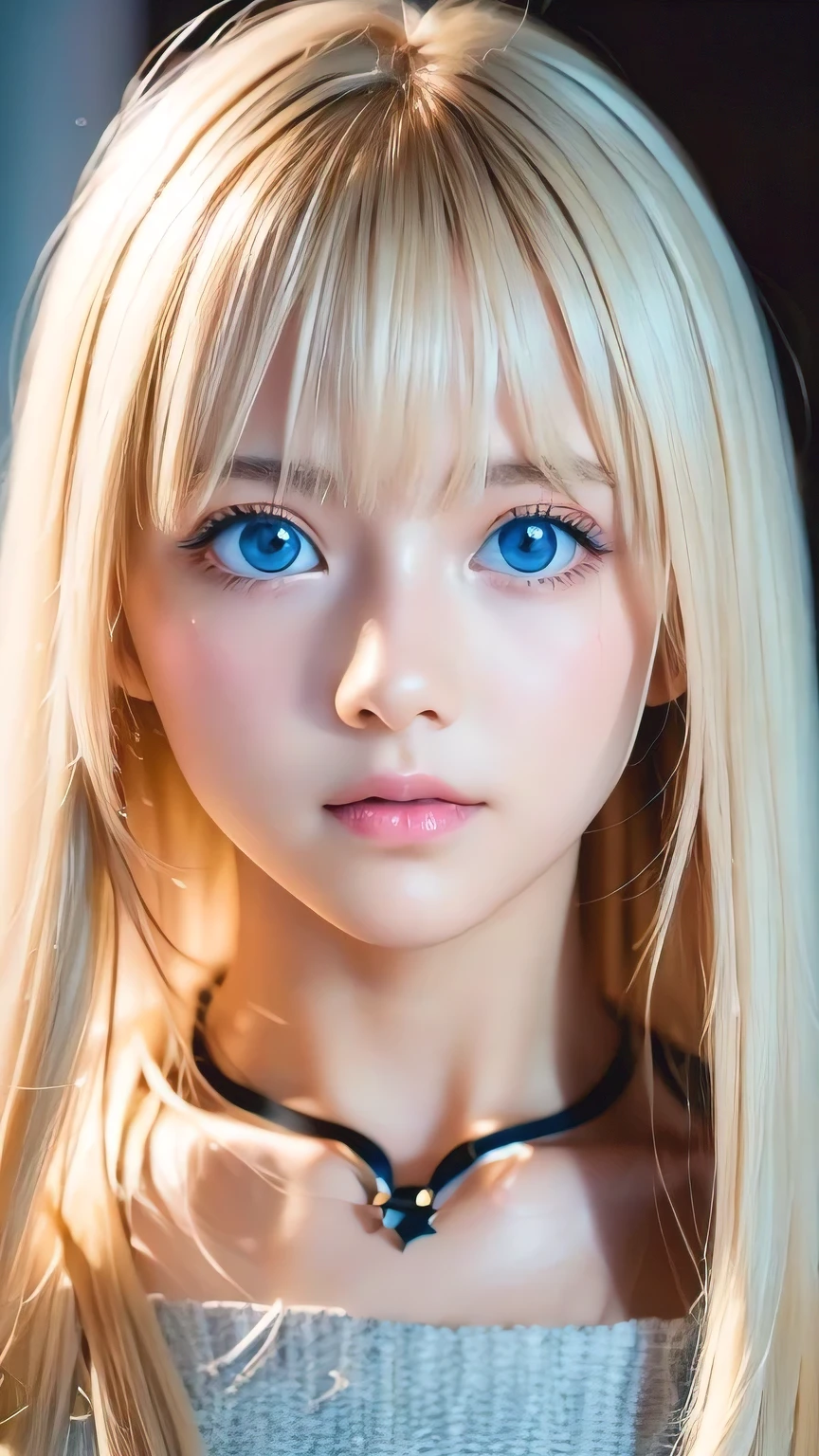 1 personne、Une très jolie et mignonne fille blonde、cheveux blonds très longs, Beau et mignon 、Belle frange en désordre、Très belle petite beauté du visage、Expression lumineuse、Beaux grands yeux bleu vif, blond platine brillant et éblouissant、Cheveux très longs et soyeux、Yeux et、Frange entre les yeux、、、peau blanche texturée, Détails élevés, Meilleure qualité, 4K haute résolution、peau brillante、visage rond