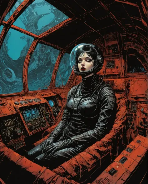 ((mature)) gothic lying ((in a ruby goth cockpit)), (lying on a baroque pilot cockpit), ((gothic control panels everywhere)), (h...