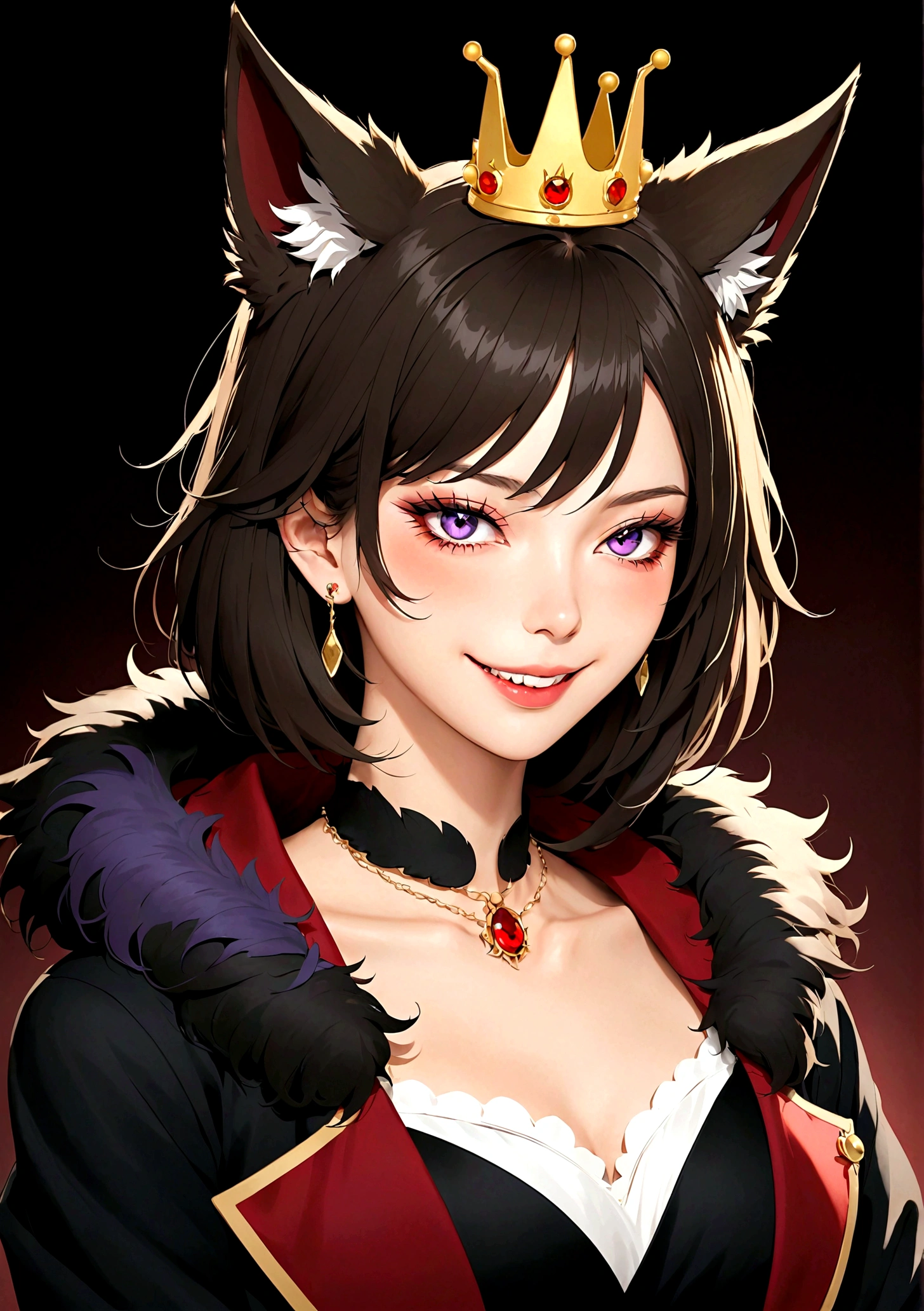 Vector，flat，Simple and smooth lines，A beautiful illustration：Big Bad Wolf:1.37.frying pan:1.37 Beautiful girl sitting elegantly，(((She has a beauty spot:1.37)))，Purple Eyes，Delicate lashes，Smile，Smooth skin，Long black hair，Wolf ears， Small Crown，Red fur collar brooch on suit，温顺的Big Bad Wolf。Correct human anatomy，moonlight，bat