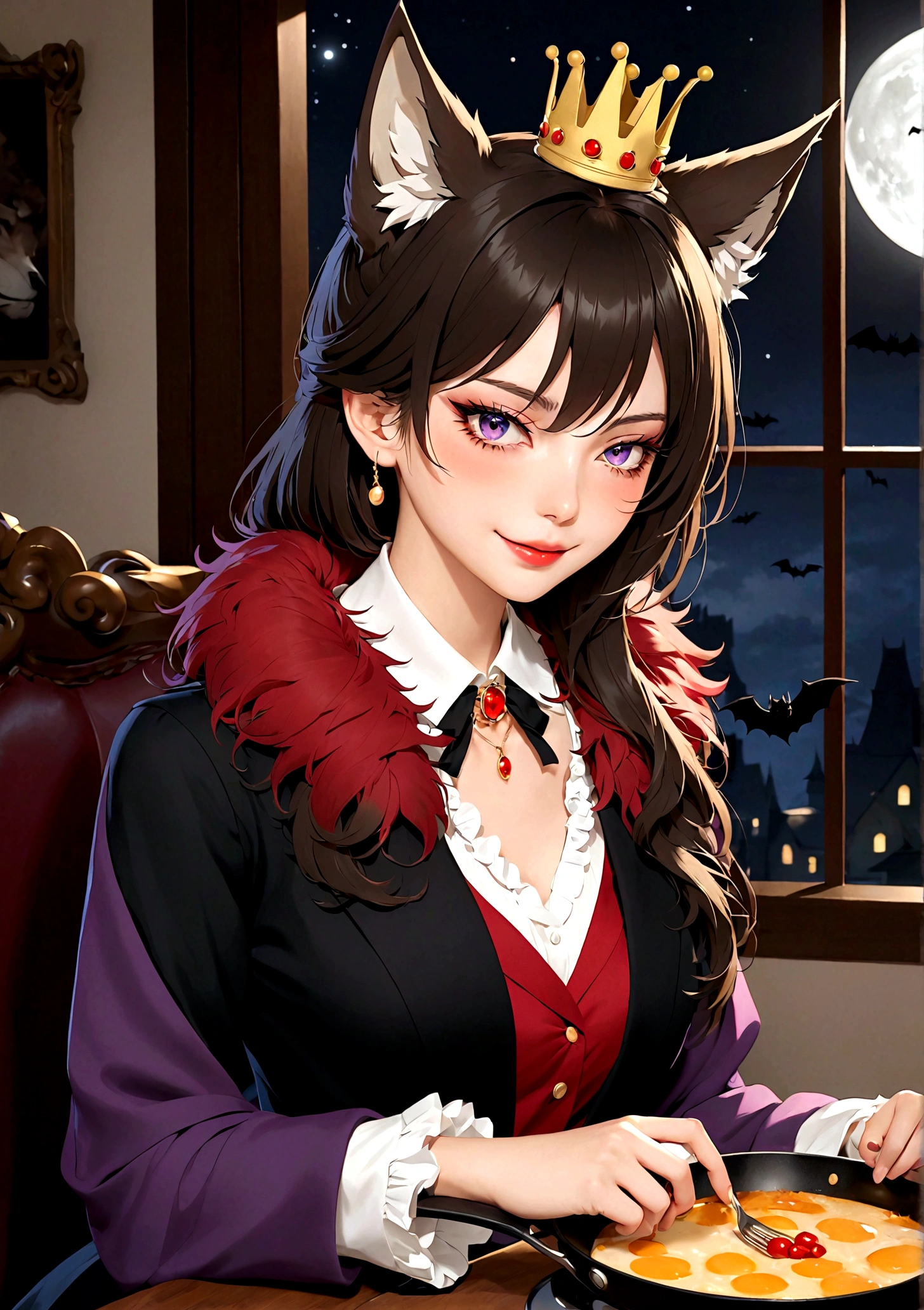 Vector，flat，Simple and smooth lines，A beautiful illustration：Big Bad Wolf:1.37.frying pan:1.37 Beautiful girl sitting elegantly，(((She has a beauty spot:1.37)))，Purple Eyes，Delicate lashes，Smile，Smooth skin，Long black hair，Wolf ears， Small Crown，Red fur collar brooch on suit，温顺的Big Bad Wolf。Correct human anatomy，moonlight，bat