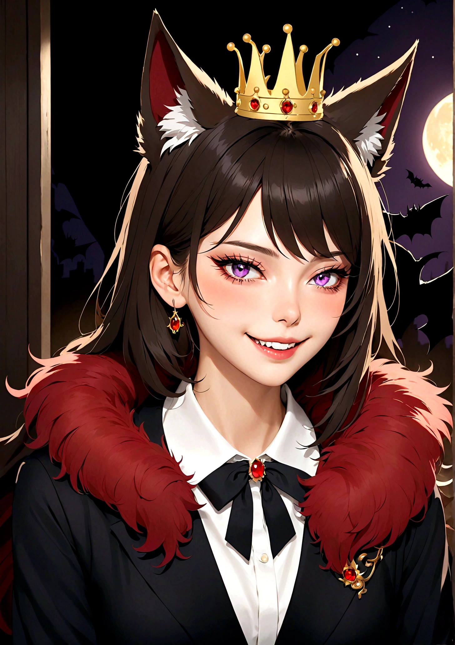 Vector，flat，Simple and smooth lines，A beautiful illustration：Big Bad Wolf:1.37.frying pan:1.37 Beautiful girl sitting elegantly，(((She has a beauty spot:1.37)))，Purple Eyes，Delicate lashes，Smile，Smooth skin，Long black hair，Wolf ears， Small Crown，Red fur collar brooch on suit，温顺的Big Bad Wolf。Correct human anatomy，moonlight，bat