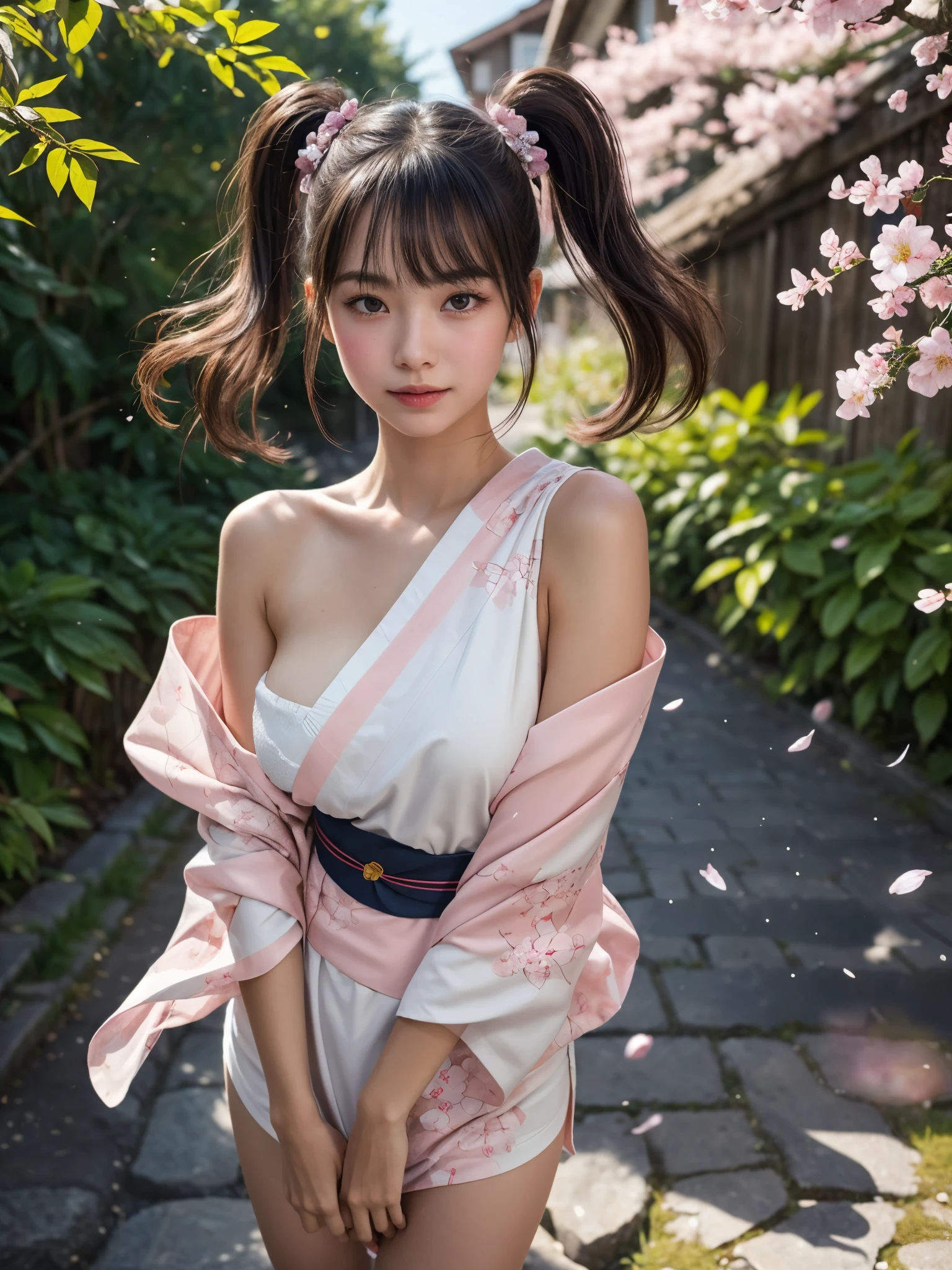 1girl, pink greek kimono dress, bare shoulder, detailed face, looking at viewer, dry hair, very long loose hair, bangs, short twintails, delicate obi, steel plate trimmed thigh high, cobblestone path, (masterpiece, raw photo, high quality, photorealistic), dynamic particles effect, cinematic lighting, (lens flare:0.6), ray tracing, fantasy, cherry blossom, black hair, gentle windswept, fluttering petals, (13yo, cute:1.3), (breasts:1.2), 