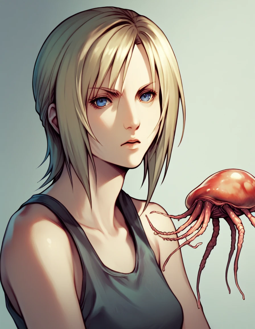 Aya Brea, parasite eve, the 3rd Birthday, video game character, shoulder-length blonde short hair with side bangs. The character's eyes are blue, giving her a sharp and focused gaze. No shadows. Standing, looking straight