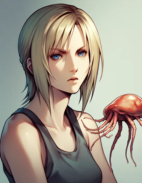 Aya Brea, parasite eve, the 3rd Birthday, video game character, shoulder-length blonde short hair with side bangs. The character...