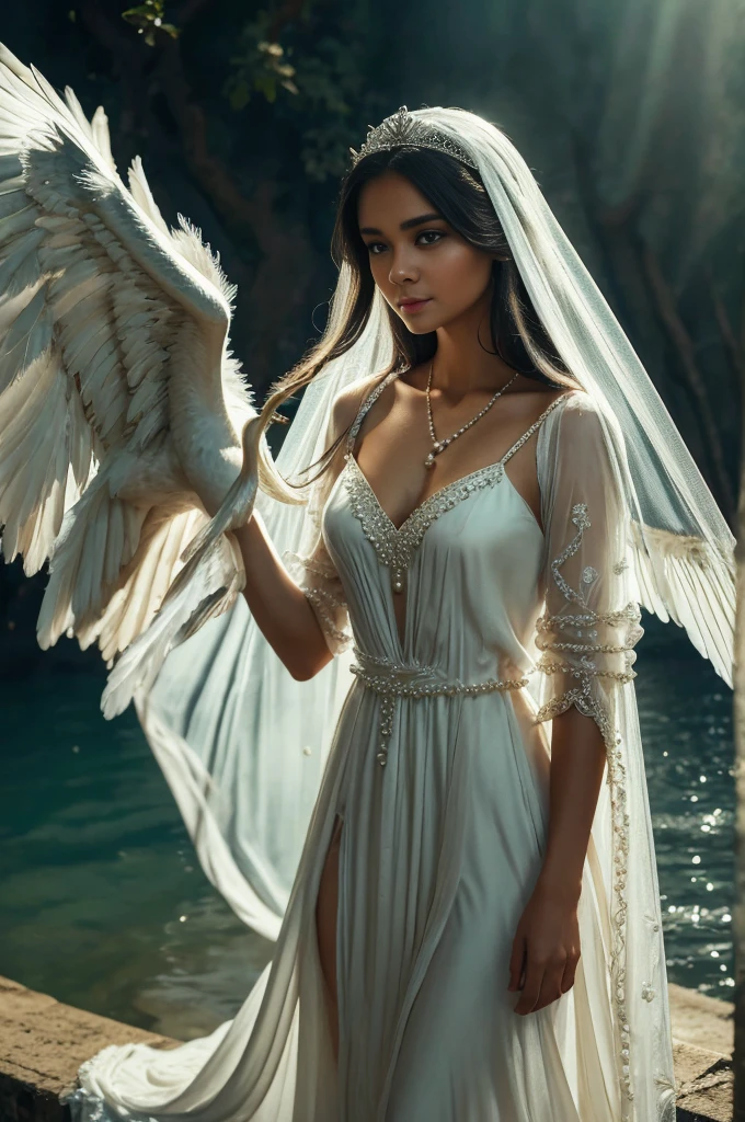 Иллюстрация к сказке, - красивая девушка - царевна-лебедь с белыми крыльями, в белом длинном парчовом платье, с закрытым прозрачным вырезом, с длинными прозрачными рукавами, украшен жемчугом и стразами,  жемчужное ожерелье на шее, темные волосы, уложенные в прическу, на голове тиара с бриллиантами и прозрачная белая вуаль. Принцесса стоит на берегу спокойного моря, обратно в море, черный воздушный змей завис в небе над ней.