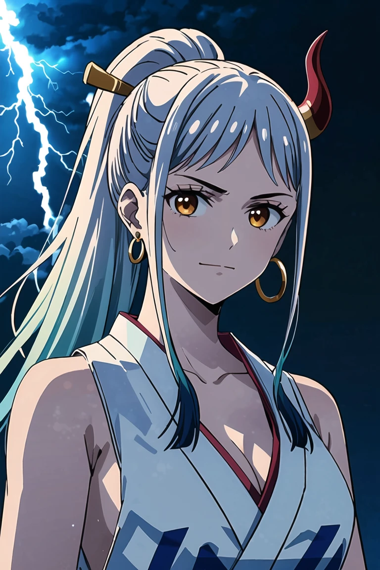 (masterpiece), hdr, proud mood,cleavage
yamato, earrings, hair stick, bare shoulders, japanese clothes, kimono, rope, sleeveless kimono, shimenawa, high ponytail,
 black background,  dim light,  looking at viewer, lightning effect