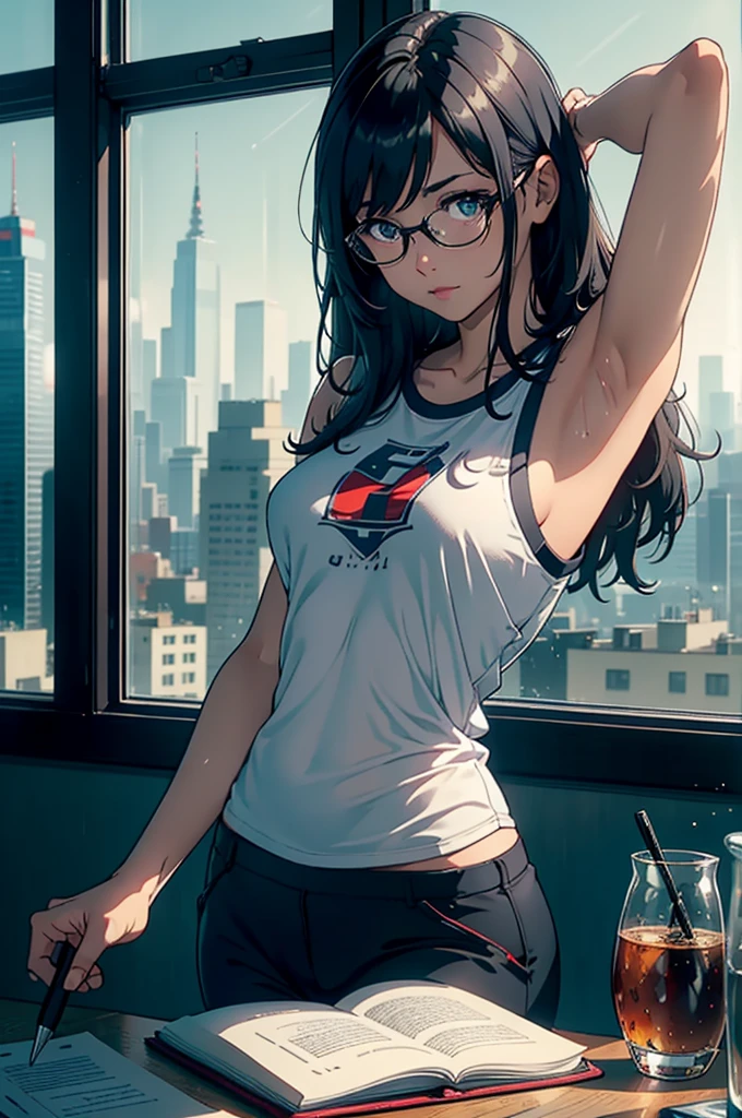A beautiful female college student,  screen in front of window,  Overlooking the city projected on the screen, cafe,  window behind white desk, city view, overlooking the cityscape, notebook, Holding a pen in one hand, glasses, black hair, midsummer loungewear, cool clothes, ((skin under one armpit)), ((flank skin)), intellectual atmosphere, dark lighting,  knowledge, scholarship, study tools, enthusiasm, calm environment, taking notes, enthusiasm, immersion, inquisitiveness, research,　concentration, sense of accomplishment, pursuit of knowledge, academic pursuit,  academic inquisitiveness, cinematic lighting, Sony FE GM, masterpiece, top quality, 4K, academic atmosphere, (masterpiece), (best quality), ultra-high res, sharp focus, beautiful detailed hair