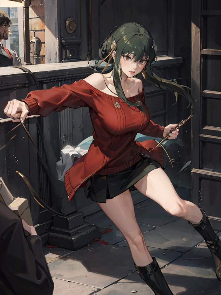 Action pose, Battle Scenes:1.5, (Yor Forger), Red eyes, Black Skirt, red off shoulder sweater, (Big Breasts), morning, ((Fighting a brown-haired man in a suit)), Aegean townscape in the morning, Wearing boots, Angry expression,:1.5 Attack Speed, Fast Attack, ((Angry expression,:1.5)), Angry face
