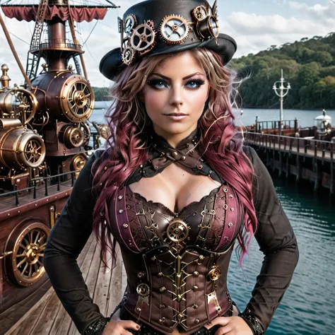 photograph of sexy steampunk slut alexa bliss (bebe rexha), full body image, showing her steampunk breasts, (extremely detailed ...