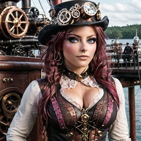 photograph of sexy steampunk slut alexa bliss (bebe rexha), full body image, showing her steampunk breasts, (extremely detailed ...