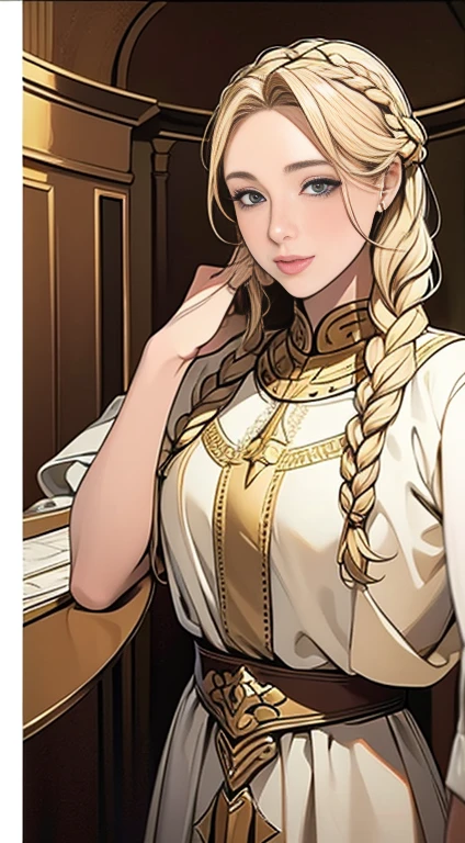 A photo-realistic selfie of a gorgeous English female knight, (Braided blonde hair:1.4), (one person), (Golden decorated knight&#39;s armor and blue inner dress:1.4), (Serious face), (An athletic body:1.4), (Pale skin:1.4), (Detailed luminous particles:1.4), (Vibrant colors:1.3), (Dynamic pose:1.4), (Snow-covered cathedral at midday:1.4), Centered, (Half Body Shot), (from the front:1.4), Insane Details, Intricate facial details, Exquisite handcrafted details, Cinematic shots and lighting, Realistic colors, masterpiece, Sharp focus, Super detailed, Photographed with a digital SLR camera, Realistic photos, Depth of written boundary, Incredibly realistic environments and scenes, Master Composition and Photography