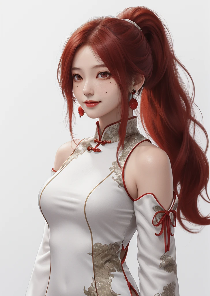 1girl, 
yinlin \(wuthering waves\),  
solo, white background, breasts, mole under mouth, very long hair, bare shoulders, upper body, ahoge, single earring, long sleeves, jewelry, detached sleeves, simple background, hair over one eye, red hair, black dress, mole, dress, china dress, mole under eye, smile, chinese clothes, ponytail, looking at viewer, long hair, closed mouth, brown eyes, earrings, 
masterpiece, best quality,  safe
 