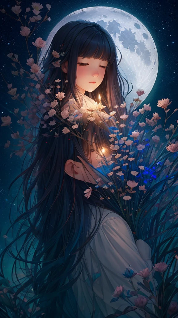 A beautiful view in the night with the full moon. A mesmerizing illustration of a young girl nestled within a gigantic, ethereal flower. The flower's petals are an enchanting blend of light red and light emerald, with dark blue leaves cascading behind. evoking a painterly style reminiscent of Niji 6. The overall atmosphere is romantic and haunting, with a 5:7 aspect ratio that adds to the dreamy composition.