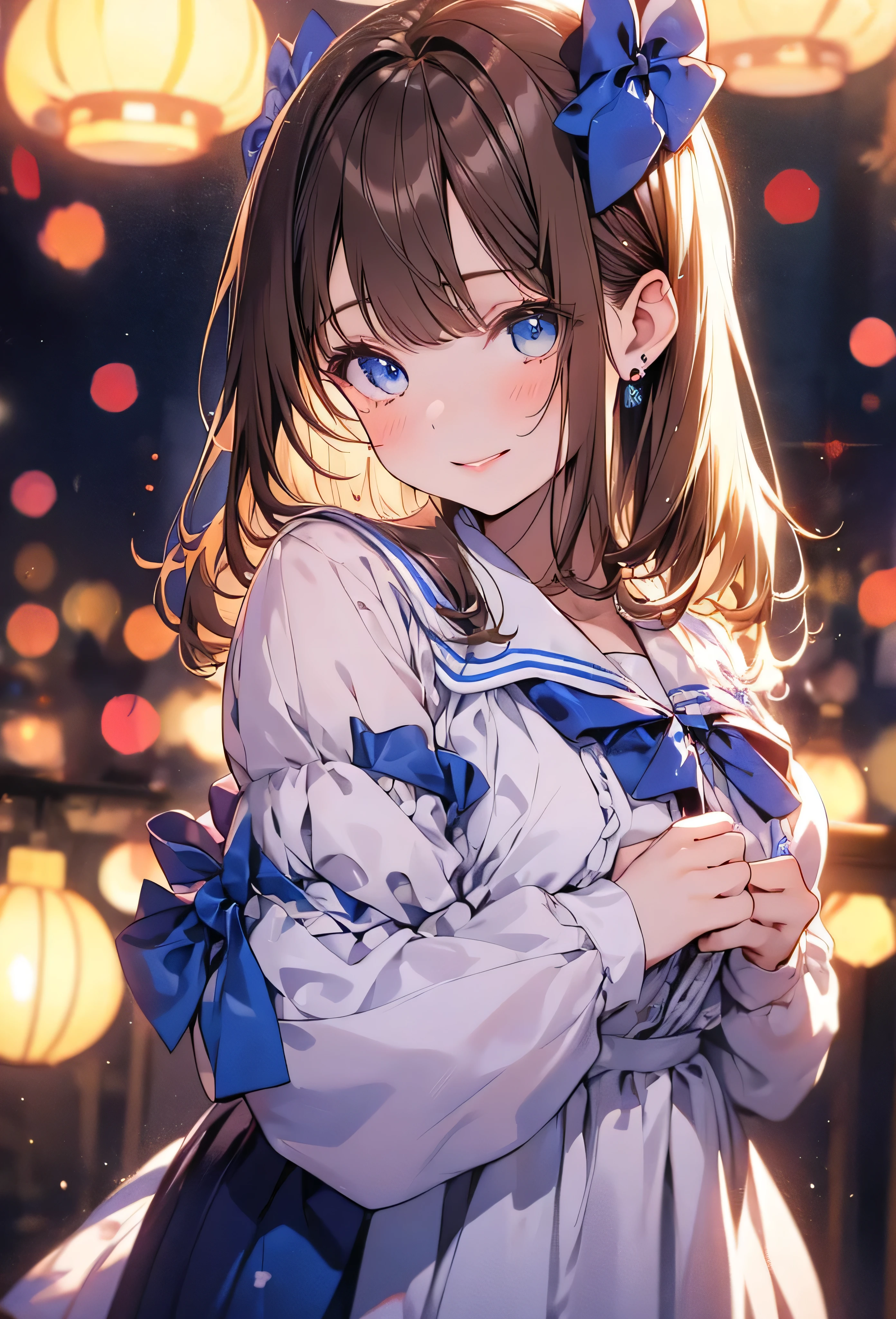 (Very delicate and beautiful: 1.2), One girl, bangs, blue eyes, Blur, Blur background, bow, Brown Hair, shut up, Side view, Hair between the eyes, hair bow, lanthanum, Particles of light, Long sleeve, Watch the audience, Medium Hair, night, red bow, alone, performer(symbol), Upper Body, smile, Red lips