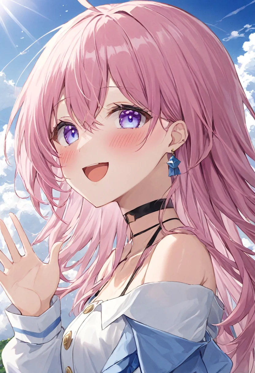 Super detailed,(highest quality),((masterpiece)),(High resolution),original,very,Sanyueki, One girl, alone, Pink Hair, smile, null, bangs, Open your mouth, :d, View Viewer, blue null, Long sleeve, Long Hair, Purple eyes, Outdoor, shirt, Hair between the eyes, cloud, choker, Day, white shirt, salute, chest, black choker, Earrings, Upper Body, blush, Pink Eyes, cloudy null, jewelry, blue eyes, Exposing shoulders