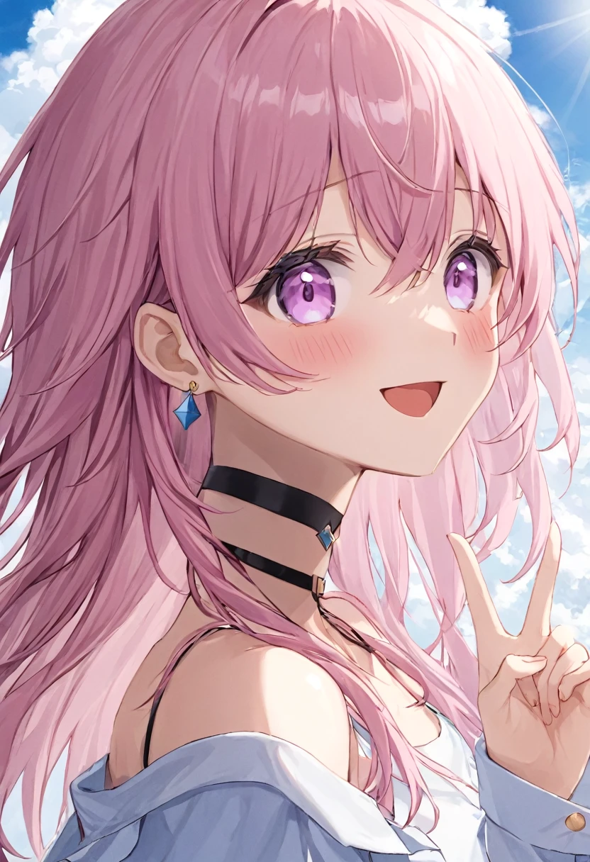 Super detailed,(highest quality),((masterpiece)),(High resolution),original,very,Sanyueki, One girl, alone, Pink Hair, smile, null, bangs, Open your mouth, :d, View Viewer, blue null, Long sleeve, Long Hair, Purple eyes, Outdoor, shirt, Hair between the eyes, cloud, choker, Day, white shirt, salute, chest, black choker, Earrings, Upper Body, blush, Pink Eyes, cloudy null, jewelry, blue eyes, Exposing shoulders