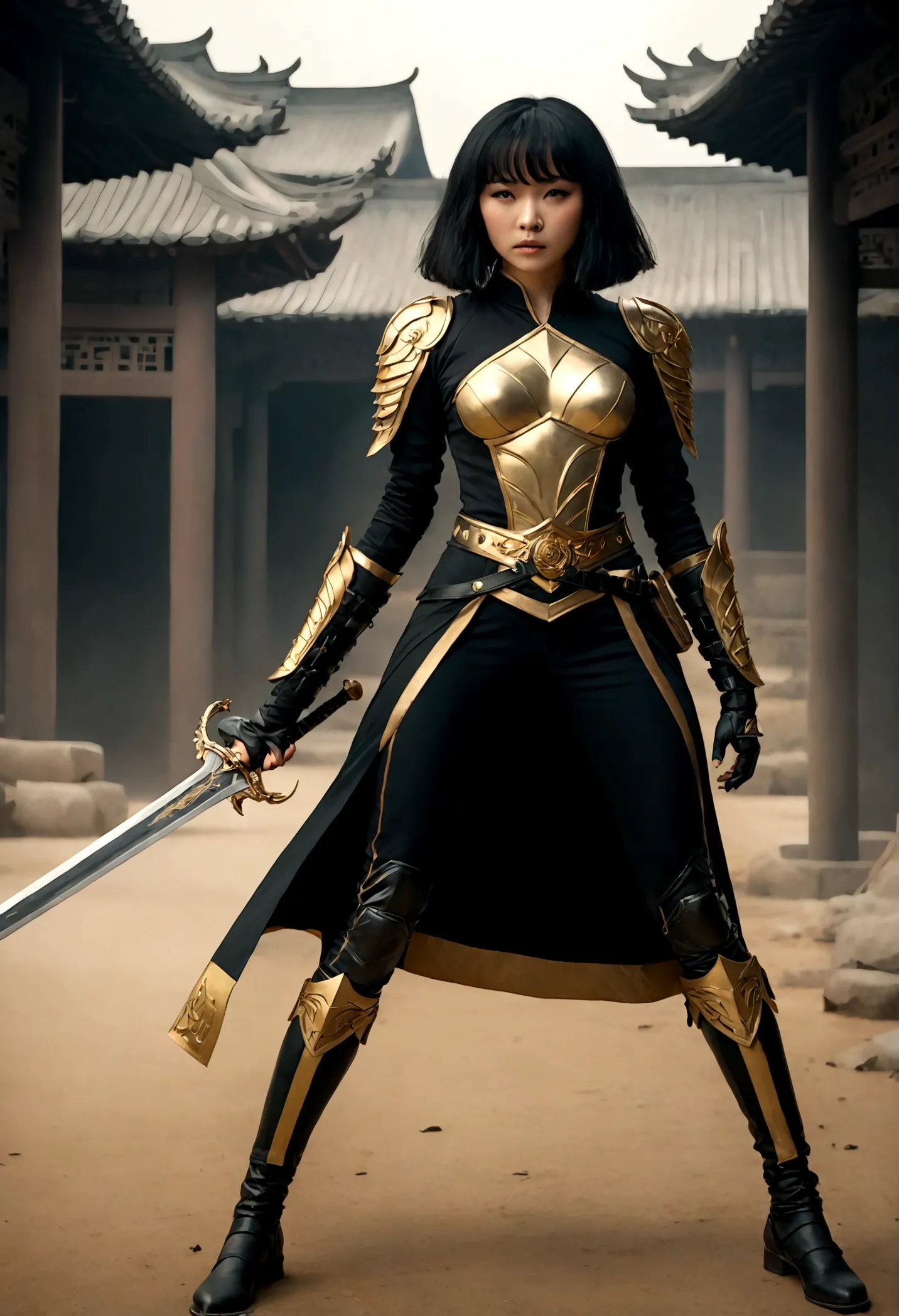 beautiful chinese woman in black and gold outfit, holds a sword, zhilei xin as the main character, full body cinematic shot, "mo...