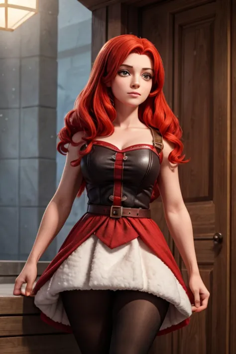 1 garota,38 anos de idade , red hair ,winter costume ,cor bleck red, recorte decote, obra de arte, realista, high resolution, al...