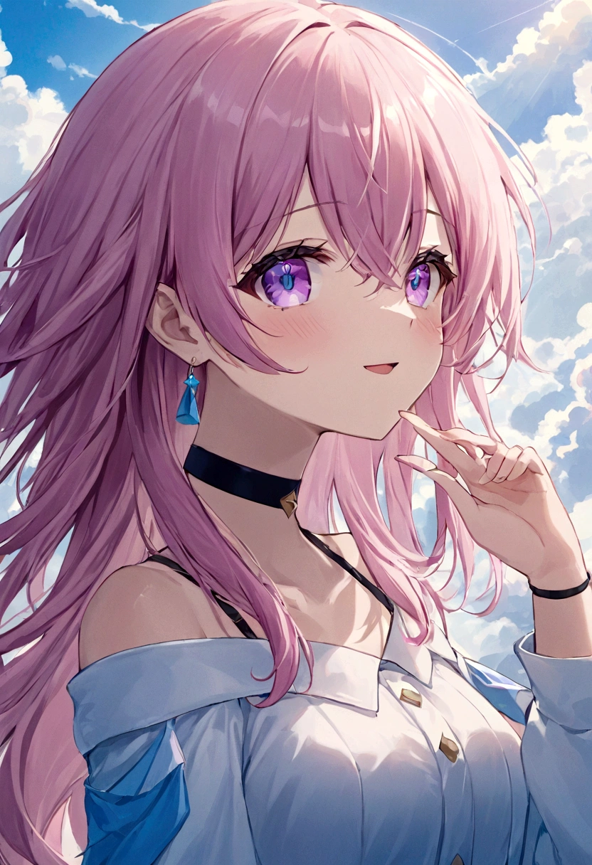 Super detailed,(highest quality),((masterpiece)),(High resolution),original,very,Sanyueki, One girl, alone, Pink Hair, smile, null, bangs, Open your mouth, :d, View Viewer, blue null, Long sleeve, Long Hair, Purple eyes, Outdoor, shirt, Hair between the eyes, cloud, choker, Day, white shirt, salute, chest, black choker, Earrings, Upper Body, blush, Pink Eyes, cloudy null, jewelry, blue eyes, Exposing shoulders