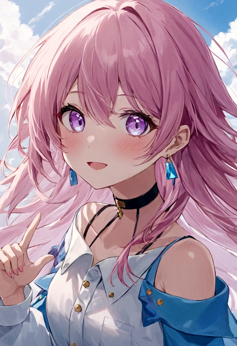 Super detailed,(highest quality),((masterpiece)),(High resolution),original,very,Sanyueki, One girl, alone, Pink Hair, smile, null, bangs, Open your mouth, :d, View Viewer, blue null, Long sleeve, Long Hair, Purple eyes, Outdoor, shirt, Hair between the eyes, cloud, choker, Day, white shirt, salute, chest, black choker, Earrings, Upper Body, blush, Pink Eyes, cloudy null, jewelry, blue eyes, Exposing shoulders