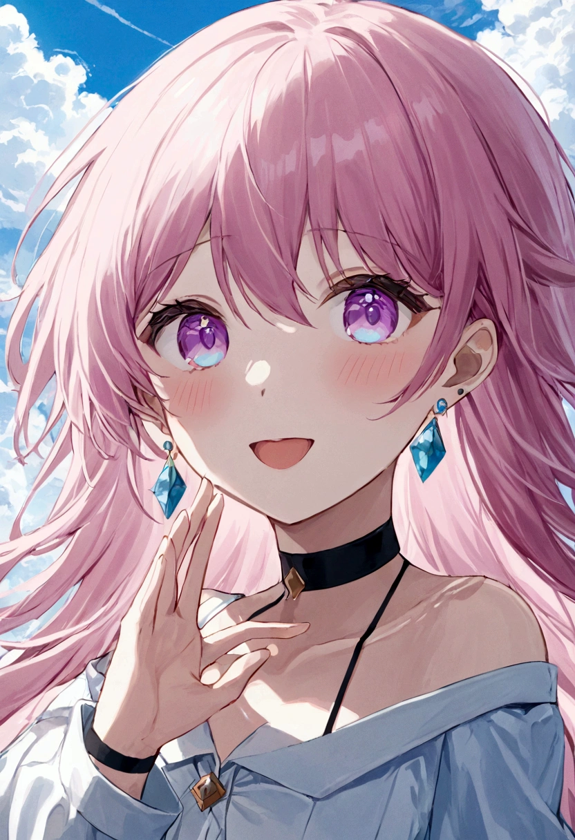 Super detailed,(highest quality),((masterpiece)),(High resolution),original,very,Sanyueki, One girl, alone, Pink Hair, smile, null, bangs, Open your mouth, :d, View Viewer, blue null, Long sleeve, Long Hair, Purple eyes, Outdoor, shirt, Hair between the eyes, cloud, choker, Day, white shirt, salute, chest, black choker, Earrings, Upper Body, blush, Pink Eyes, cloudy null, jewelry, blue eyes, Exposing shoulders